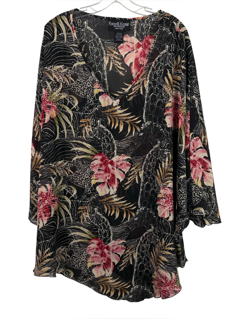 Russell Kemp Black Floral Animal Print Chiffon Lightweight Poncho Blouse Plus 3X